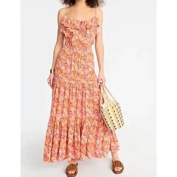 J. Crew L Tiered Maxi Dress Orange Floral Print Sleeveless Ruffle Wedding Guest - Picture 1 of 12